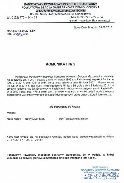 Komunikat nr 2 Państwowego Powiatowego Inspektora Sanitarnego w Nowym Dworze Mazowieckim - nie dopuszczenie do kąpieli przy...