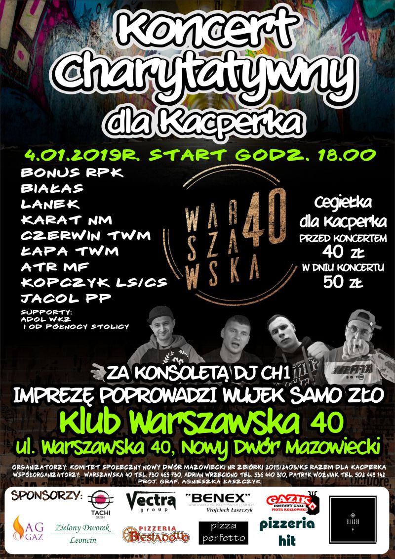 4.01.2019 r. o godz. 18:00 zapraszamy do Klubu Warszawska 40 na koncert charytatywny dla Kacperka.