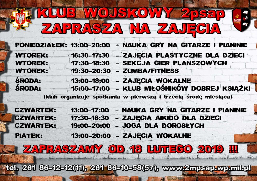 Od 18 lutego startuje nowy harmonogram zajęć stałych w Klubie Wojskowym 2. Mazowieckiego Pułku Saperów.