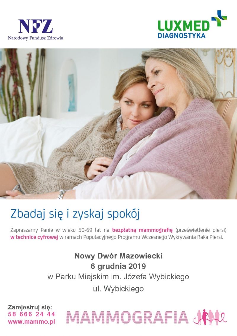 6.12.2019 r. w godz. 8.00-15.00 w Parku Miejskim im. Józefa Wybickiego mobilna pracownia mammograficzna LUX MED...