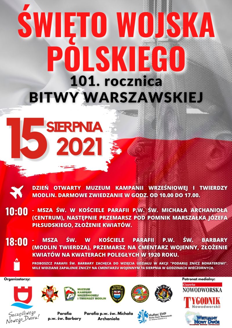 15 sierpnia 2021 r. odbędą się uroczystości z okazji Święta Wojska Polskiego i 101. rocznicy Bitwy Warszawskiej.