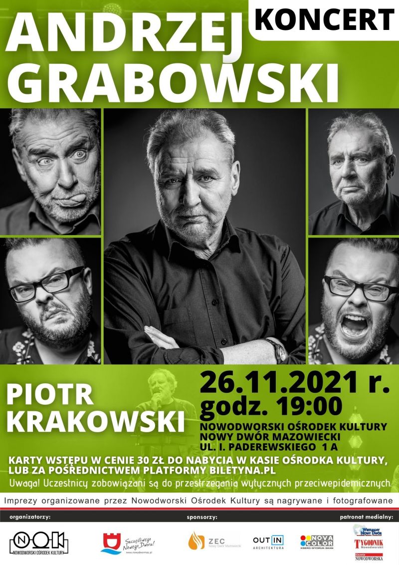 Plakat informacyjny z tekstem oraz   zdjęcia Andrzeja Grabowskiego i  Piotra Krakowskiego