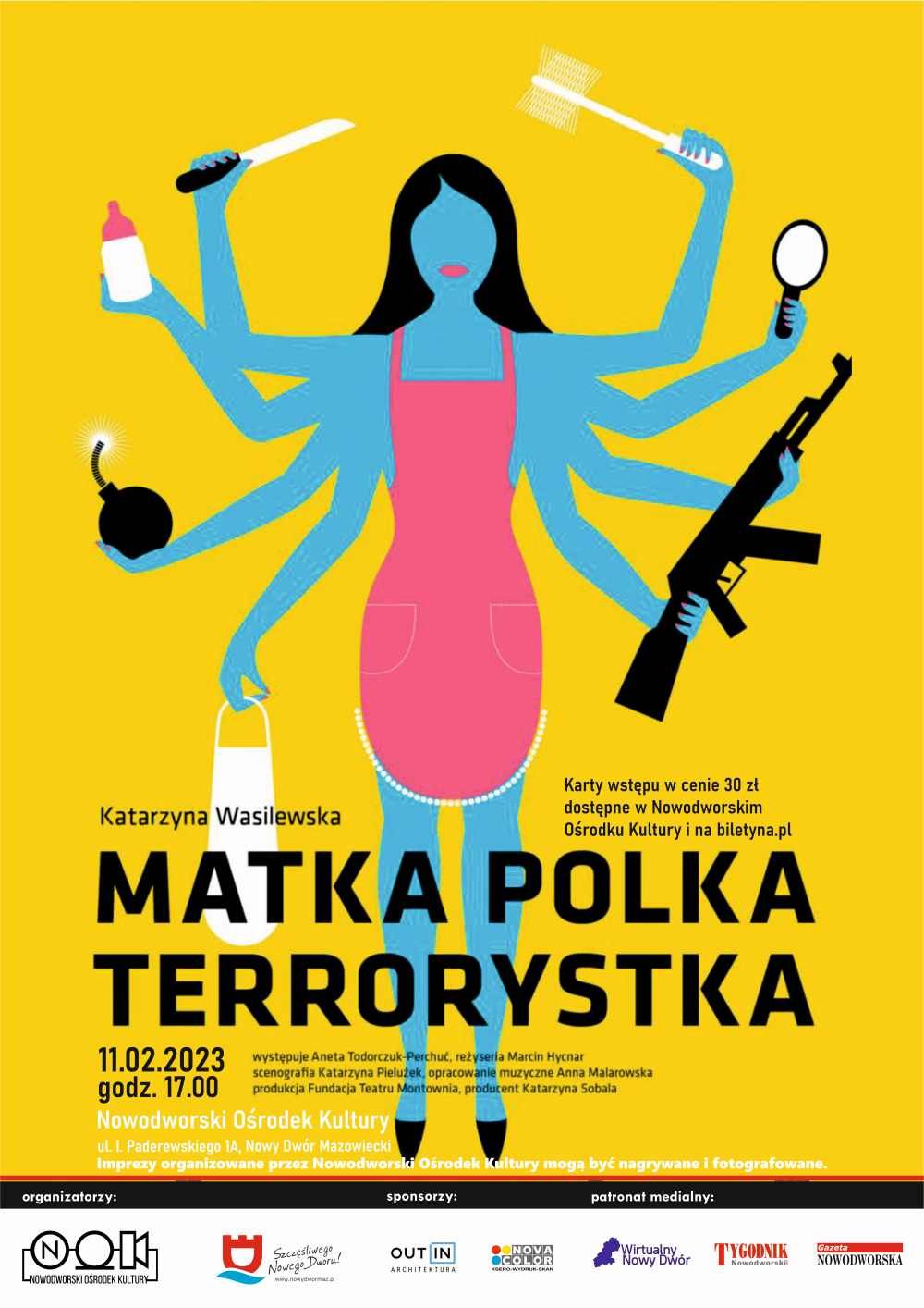 Niebieska postać kobiety z czarnymi, długimi włosami w różowym fartuszku na żółtym tle. W ośmiu rękach trzyma: nóż, butelkę...