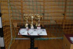 Puchary i dyplomy dla najlepszych zawodników turnieju tenisa stołowego amatorów.