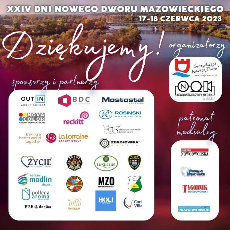 Loga sponsorów i partnerów XXIV Dni Nowego Dworu MAzowieckiego. Most im. por. F. Pancera nad rzeką Narew.