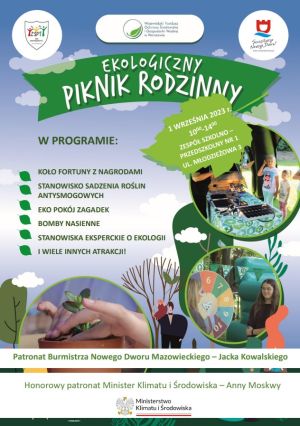 Plakat przedstawia program Ekologicznego Pikniku Rodzinnego, który odbył się 1 września 2023 roku, na terenie Zespołu...