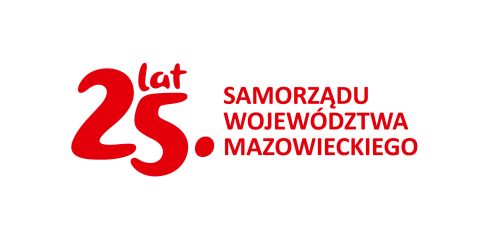 Czerwona liczba dwadzieścia pięć z kropką oraz dopiskiem lat i napis Samorządu Województwa Mazowieckiego.