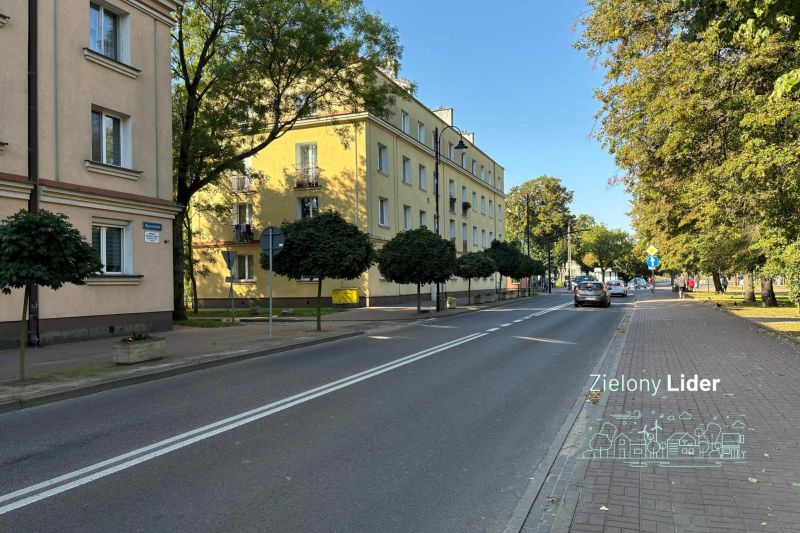 Po lewej stronie ulicy chodnik i niskopienne drzewa przy blokach, po prawej chodnik i wysokie drzewa.