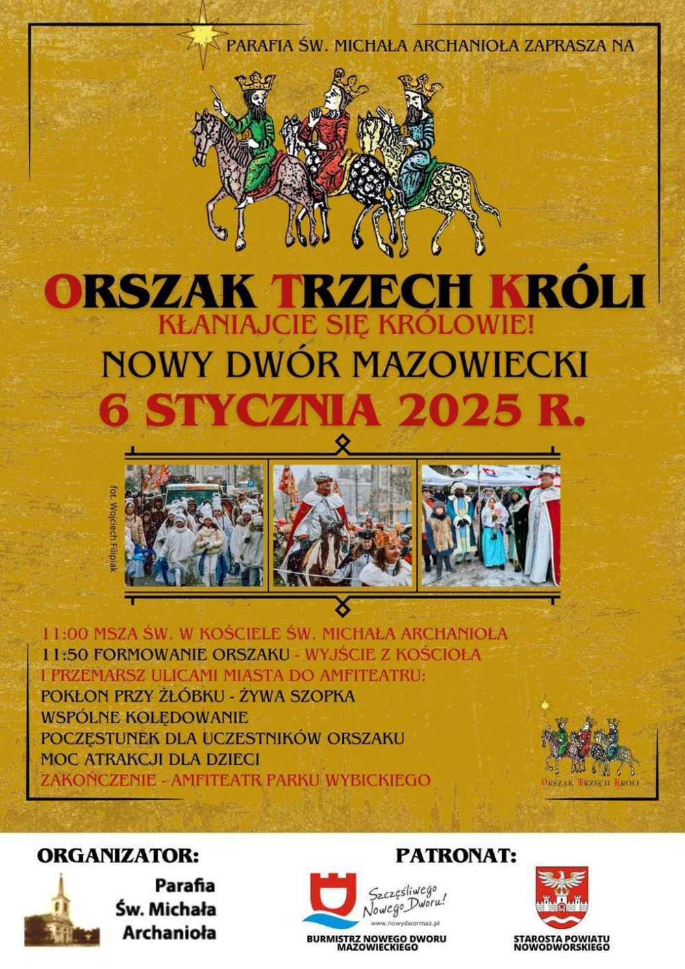 Trzech mężczyzn w koronach na głowach siedzących na trzech koniach.