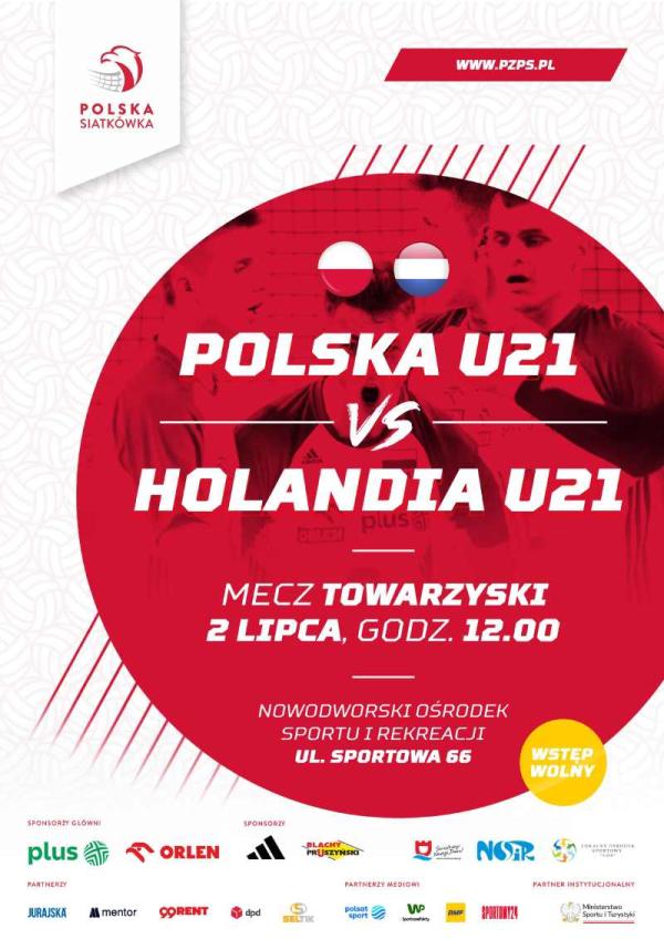 Czterech siatkarzy w czerwonym kole, które jest umieszczone na białym tle w zarysy piłek do siatkówki. Flagi Polski i Holandii oraz napis POLSKA U 21 vs. HOLANDIA U21.