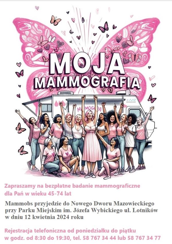 Na różowych skrzydłach motyla biały napis MOJA MAMMOGRAIA. Pod spodem biały samochód, a przednim 14 kobiet z uniesionym do góry rękoma.