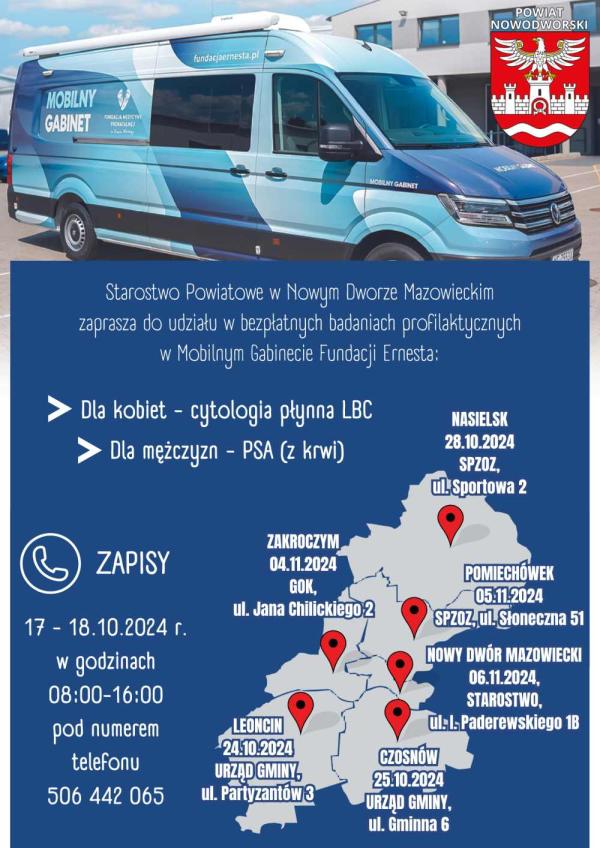 Niebieski samochód osobowo-dostawczy z napisem Mobilny Gabinet. Poniżej mapka gmin tworzących powiat nowodworski.