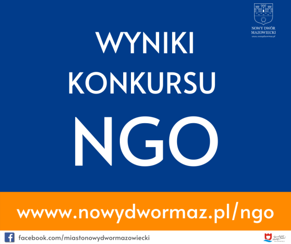 Herb Nowego Dworu Mazowieckiego, napis wyniki konkursu ngo. Niżej www.nowydwormaz.pl/ngo.