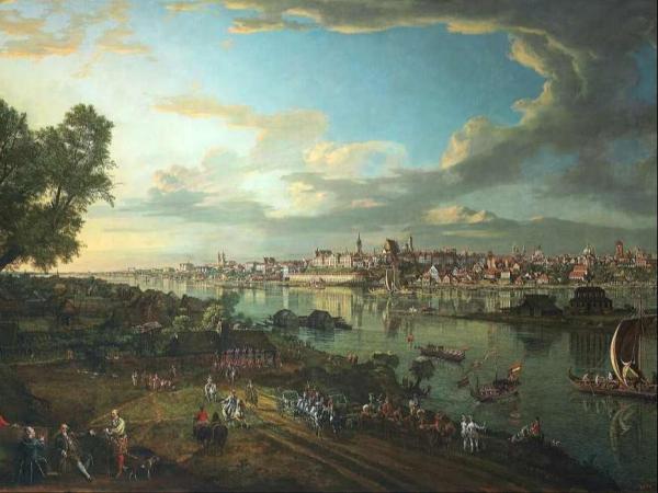 Dwie bryczki, ludzie siedzący oraz jeżdżący konno, łodzie wiosłowe i z żaglami na rzece, zamek i budynki.