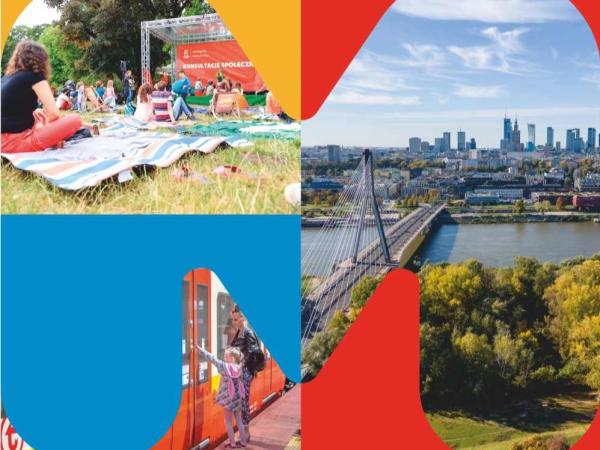 Kobieta z dziewczynką przy drzwiach do wagonu metra. Wiszący most nad rzeką.