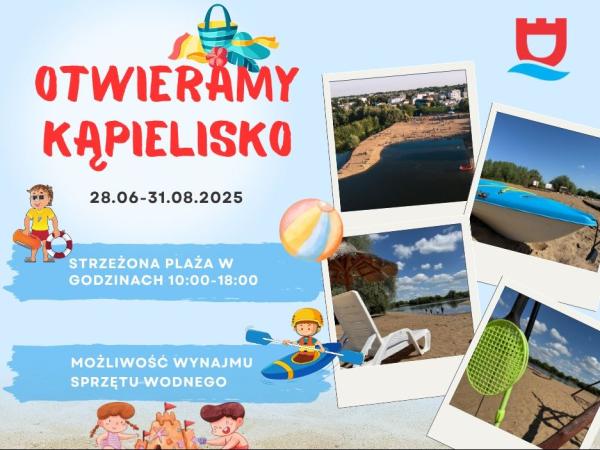 Plaża nad rzeką, mężczyzna z kołem ratunkowym , chłopiec w kajaku, dzieci budujące zamek z piasku.