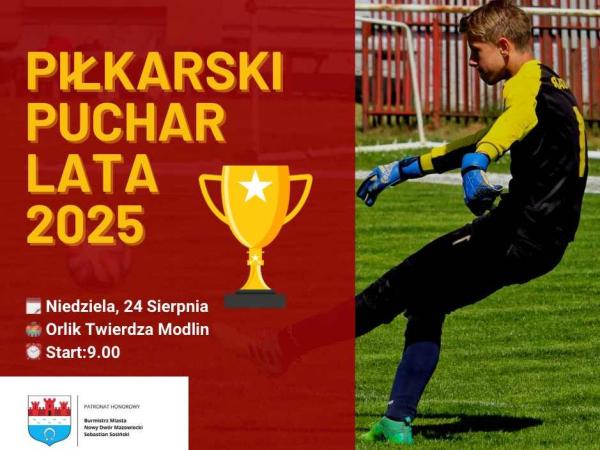 Graficzna informacja treści, logotypem patronatu honorowego, chłopiec stojący na trawie w stroju bramkarza.