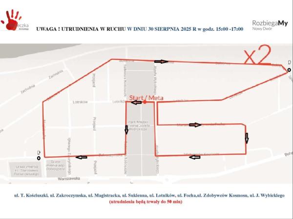 Fragment planu miasta z ulicami i zaznaczoną trasą biegu.