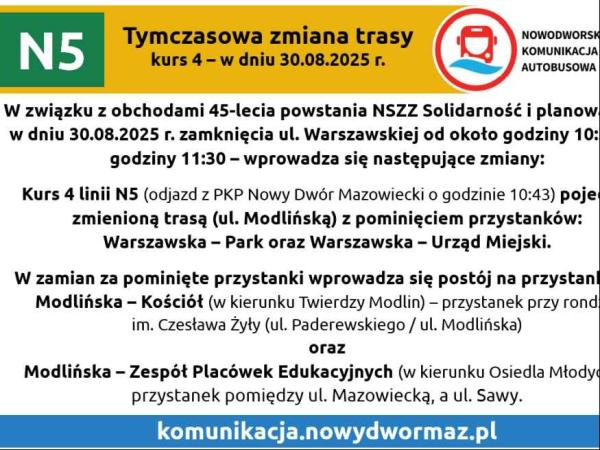 Graficzna informacja treści. Tymczasowa zmiana trasy kurs 4 linii N5 w dniu 30.08.2025 r.