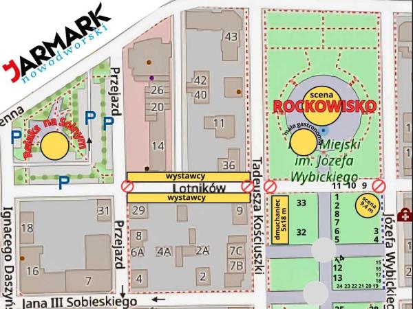 Fragment planu miasta z drogami, budynkami oraz miejscami atrakcji Jarmarku Nowodworskiego.