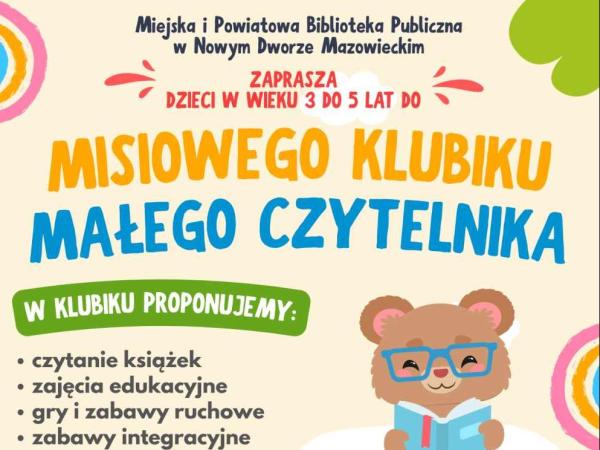 Graficzna informacja treści, miś w okularach czytający książkę.
