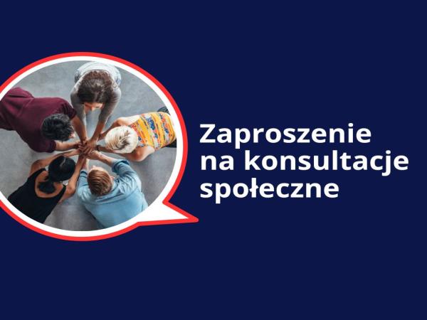 Zaproszenie, niebieskie tło, w kółku grupa osób