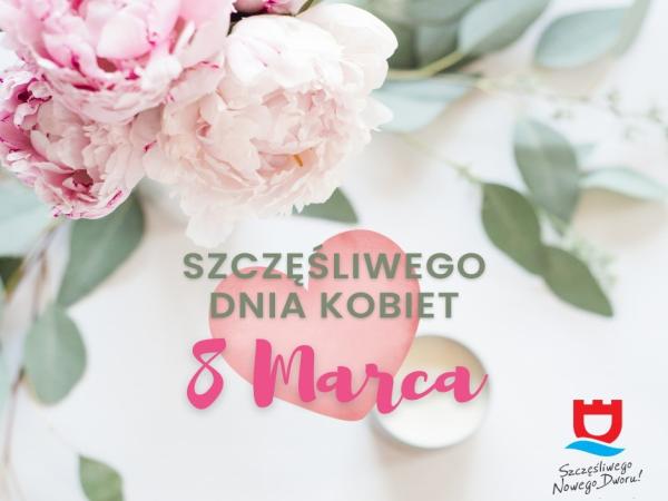 kolorowe kwiaty, na środku napis dzień kobiet oraz logo miasta