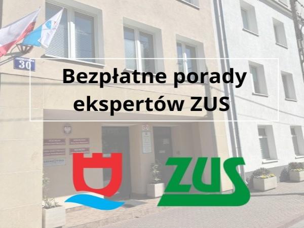 Dyżur eksperta ZUS w Urzędzie Miejskim, w tle budynek urzędu, logo zus