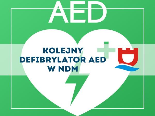 Napis defibrylator AED na terenie naszego miasta, zielone tło
