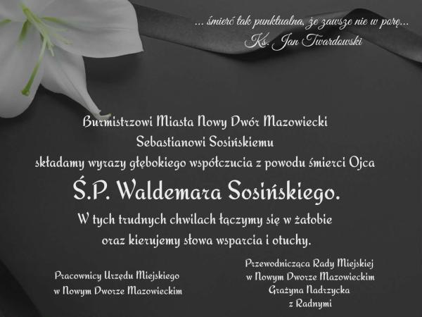 Kondolencje, szare tło z białymi napisami, biała lilia