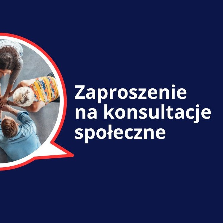 zaproszenie na konsultacje społeczne biały napis na granatowym tle